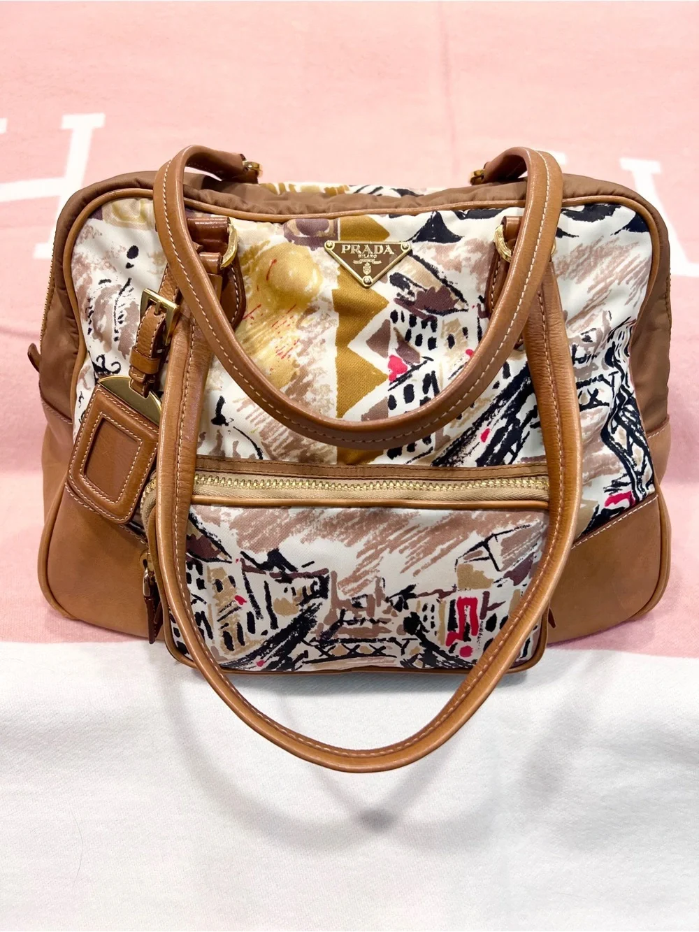 PRADA⭐️Bauletto! Multicolor Shoulder Bag with Brown Leather Trim. Offers!❤️